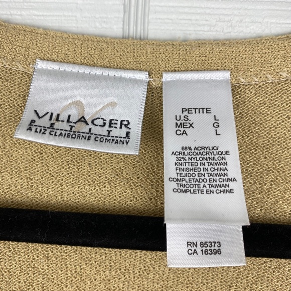 Villager Liz Claiborne Tan V-neck Knit Cardigan Pink Floral Embroidery L Petite - Picture 5 of 6